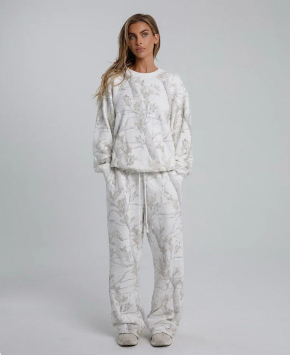 image of a women wearing camouflage-two-piece-sweatsuit-matching-set